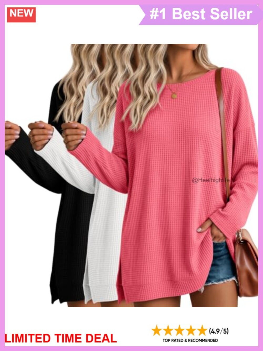 3 Pack Women Oversized Waffle Knit Sweatshirts Boat Neck Side Slit